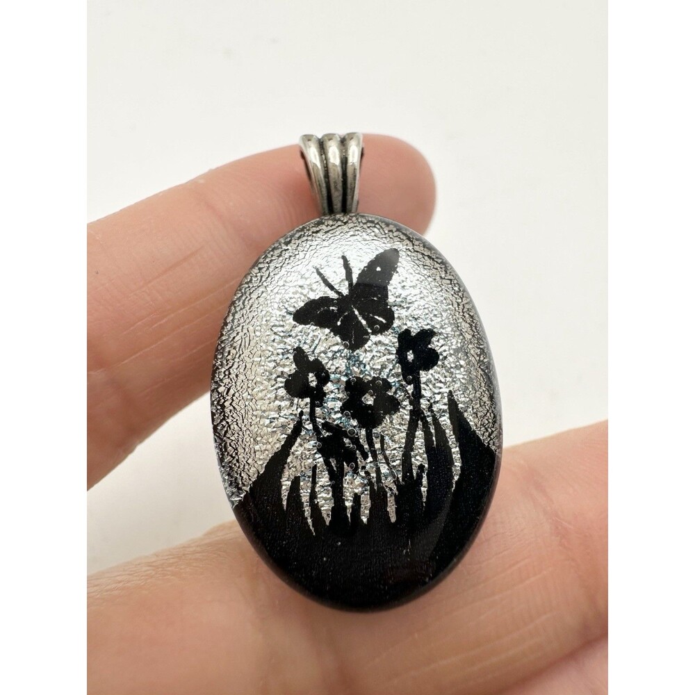 handmade dichroic Glass Silver Black Butterfly Pendant
